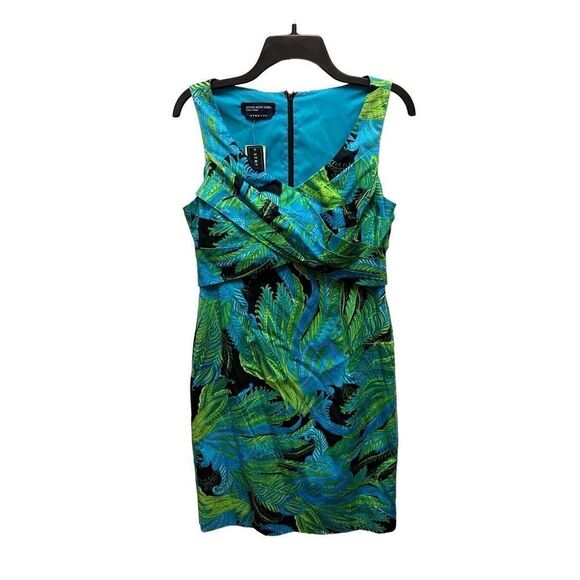 Jones New York Signature Womens Dress Sz 8 Blue Green Stretch Leaf Print Ruffle - Picture 1 of 7